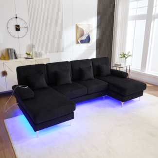 LVHOM U-Form Ecksofa mit Schlaffunktion & LED-Beleuchtung, Wohnzimmersofa mit USB-Anschluss, Cord Stoff Couch Sofa