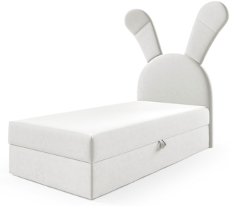 MEBLINI Kinderbett mit Bettkasten KANINCHEN 100x200 Rechts – H3/Weiß Samt Gepolstert Einzelbett mit Matratze - Polsterbett mit Stauraum - Bett mit Kopfteil – Stauraumbett