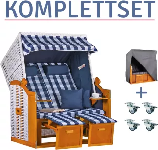 Strandkorb Baltic PE weiß Dessin Karo Blau-KOMPLETTSET