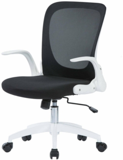 Dmora - Stuhl mit Rädern Wellington, Executive-Netzsessel mit Armlehnen, ergonomischer Sitz mit klappbaren Armlehnen, 60x59h86/96 cm, Schwarz und Weiß