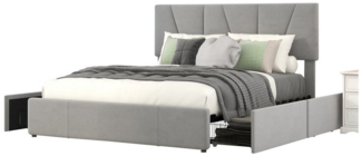 OKWISH Bett Double Size Polster Plattform Bett, gepolstertes Bett (mit vier Schubladen auf zwei Seiten,Verstellbares Kopfteil, 140*200cm), Ohne Matratze