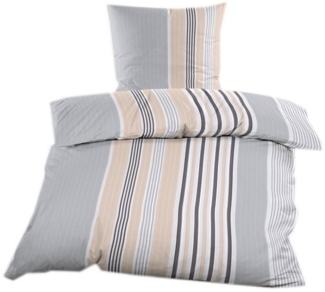Casa Colori Bettwäsche Renforce 135x200 100% Baumwolle Bettgarnitur in Grau Beige gestreift, Renforce, 2 teilig, Ganzjahresbettwäsche aus 100% Baumwolle