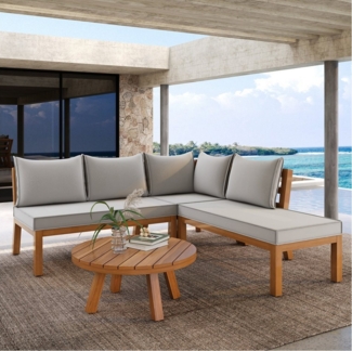 Flieks Gartenlounge-Set, 5-Sitzer Balkonset Gartenmöbel Akazienholz Ecksofa mit Couchtisch