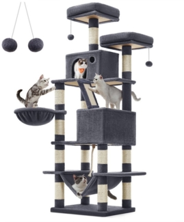 Feandrea Kratzbaum groß, M Katzenkratzbaum, 168 cm hoher Katzenbaum mit 13 Kratzsäulen, 1 Kratzrampe, 2 Plattformen, 2 Höhlen, Korb, Hängematte, Pompons, für große Katzen, rauchgrau von Songmics PCT165G01