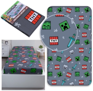 Sarcia. eu Spannbettlaken Minecraft Kinderbettlaken Grau 90x200+25cm mit Gummizug, Baumwolle