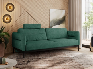 Sofa mit Schlaffunktion, schwarze MetallStoff, mobile Kopfstütze, Schlafsofa mit losen Kissen - SALENTO - Grün Stoff