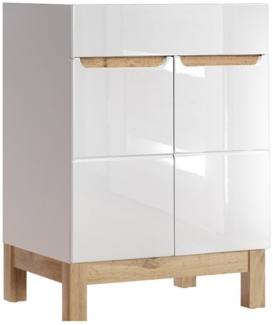 Lomadox Waschbeckenschrank SOLNA-56 Waschtischunterschrank 60 cm Hochglanz weiß mit Wotaneiche 60 x 85 x 45 cm