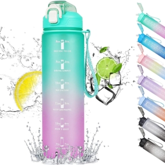 CodiCile Trinkflasche 1L mit Strohhalm Zeitmarkierung BPA-frei