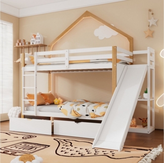 Merax Etagenbett, 90x200 cm, Holz Hochbett mit Schubladen und Rutsche, Leiter und Regal