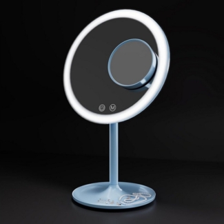 EMKE Kosmetikspiegel mit beleuchtung Wiederaufladbarer Schminkspiegel, LED Kosmetikspiegel mit 3 Lichtfarben, 1/3x Vergrößerung, 90°Schwenkbar, Touchschalter und Memory-Funktion(Hellblau)