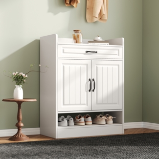 Merax Schuhschrank, mit verstellbaren Regalen, schwarzen Griffeneiner Schublade, Schuhkommode mit 2 Türen, weiß