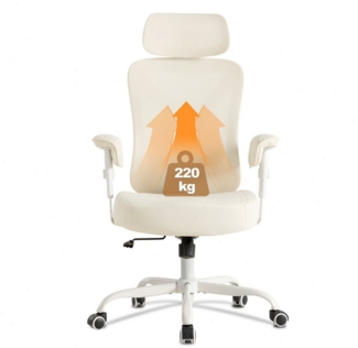 UEV Bürostuhl Ergonomisch bis 220kg belastbar (Wippfunktion,Schreibtischstuhl mit Armlehnen/Kopfstütze höhenverstellbarer Arbeitsstuhl, Drehstuhl mit Netzbespannung, atmungsaktiv Mesh Stoff), verdicke Sitzkissen Höhenverstellbar, 360°Drehung