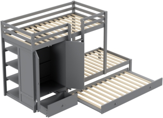 ComfortXL Etagenbett mit Ausziehbett-O2134, Holz halbmassiv, Grau, 291x96x170cm