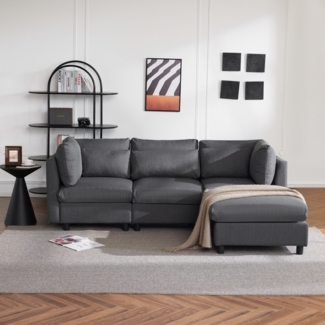 Sofa 3–4-Sitzer mit Chaiselongue, verstellbaren Lendenkissen & Fußstütze,Baumwoll-Leinen-Multifunktionssofa Wohnzimmer,Grau
