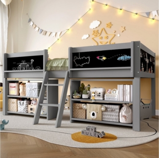 Flieks Hochbett Halbhohes Bett Kinderbett 90x200cm mit Tafel, Ablagefächer und Leiter