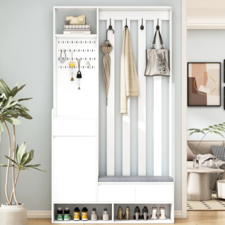 Garderoben-Set mit Sitzfläche, Schuhregal, Schubladen, Schrank und Haken, Wandgarderobe
