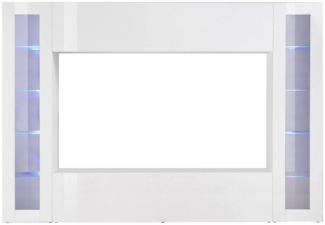 Dmora Ausgestattete Wand Amel, 4-türiges TV-Ständer-Wohnzimmerset, Mehrzweck-Wohnzimmermöbel, 100 % Made in Italy, 260 x 30 x 180 cm, glänzend weiß, mit blauem LED-Licht und zwei Vitrinen