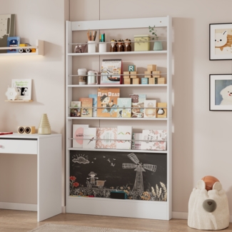 Merax 180cm Bilderbuchregal, Ausstellregal, Bücherregal, Kinderzimmer Bücherregal, 4-ebiges Aufbewahrungsregal + bemalbares Schwarzbord, Kippschutz, weiß