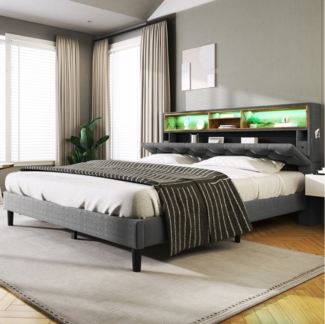 BlingBin Polsterbett Bett (mit LED-Beleuchtung, Lattenrost aus Holz, 140×200CM), aufladen USB, Stauraum-Kopfteil, Leinen