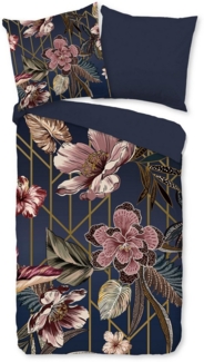 PURE luxury collection Wendebettwäsche Jos, Microfaser, 2 teilig, Mikrofaser, Pflegeleicht, Reißverschluss, Wendeoptik, Blume, Blau