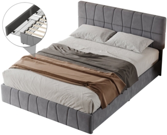 FUROKOY Polsterbett Doppelbett Stauraumbett mit 4 Schubladen Samtstoff Grau (Set, 1-tlg, Mit Kopfteil und Lattenrost), 160x200 cm,Gepolstert,grau,Gute Atmungsaktivitat
