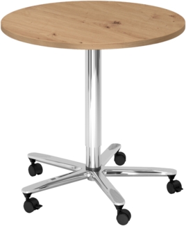 bümö Säulenhubtisch höhenverstellbar, Stehtisch Büro, Bistrotisch rund 80 x 80 cm - Besprechungstisch Asteiche, Stehtisch Holz-Platte, Säule aus Metall verchromt, Säulentisch, Hochtisch, ST08-R-C