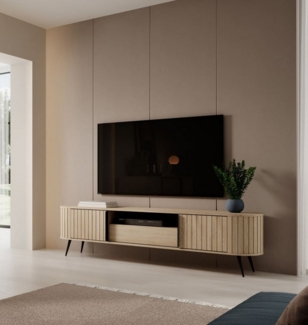 MOEBLO TV-Board TV-Tisch NOLI 196 2D1S (Eiche Cremona, gerillte Design-Fronten mit strukturierter Oberfläche, Push-to-Open-Schublade, abgerundete MDF-Seitenteile und moderne, elegante Details Lowboard Fernsehtisch TV Bank TV Tisch Fernseher Tisch TV Mö...