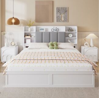 TavilaEcon Stauraumbett Doppelbett, Kopfteil mit offenem Regal, Rahmen aus Kiefer (Ohne Matratze), 3 Schubladen mit Rollen, 160x200cm