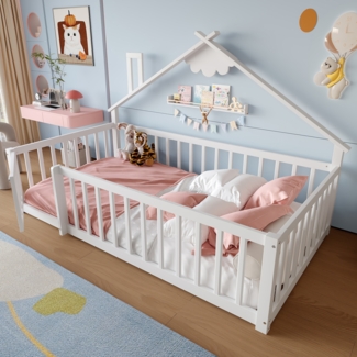 Flachbett Kinderbett Hausleiste Geländer mit Schloss Kiefernholz Weiß 90 x 190 cm