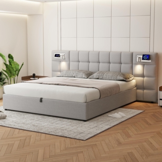 Polster-Doppelbett mit USB-Ladefunktion, kabelloser Ladestation und Beleuchtung, 266 x 200 x 102 cm, Grau, ohne Matratze