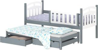 WNM Group Kinderbett Ausziehbar mit Rausfallschutz und Lattenrost Suzie - aus Massivholz - Ausziehbett für Mädchen und Jungen - Bett mit 2 Schubladen - Funktionsbett 190x80/180x80 cm - Grau