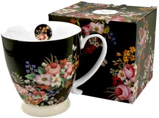 DUO FLORAL Jumbobecher 480 ml VINTAGE FLOWERS BLACK mit Fuß, New Bone China Porzellan