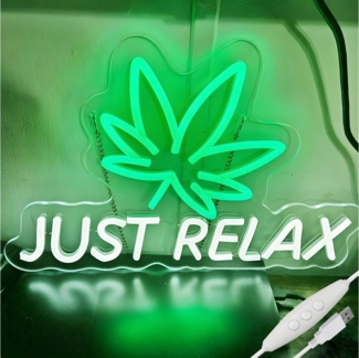 Jibenhome LED Nachtlicht Cannabis Just Relax Neon Schild mit Dimmbar Schalter LED Dekolicht, 40 x 26.5 cm, LED fest integriert, Marihuana-Blatt Neonlicht Acryl Neon-Wanddecor