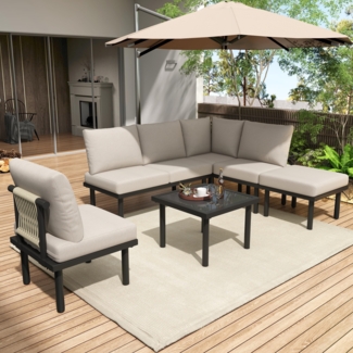 Merax Gartenlounge-Set, 6 Sitzer frei-kombinierbar Gartenmöbel aus Seil Tischplatte aus Glas, beige