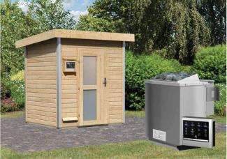 Karibu Sauna Jorgen naturbelassen + 9 kW BIO-Kombiofen mit ext. Steuerung Easy Moderne Tür