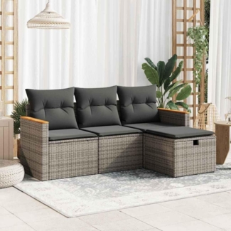 4-tlg. Garten-Sofagarnitur Kissen Grau Poly Rattan Balkonmöbel Set