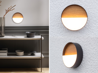 Akku Wandleuchten 2er SET, dimmbar für Innen & Außen, zum Kleben, Holzoptik Ø15cm