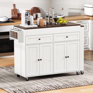 Kücheninsel, Auf Rollen mit ausziehbarem Essbereich, Arbeitsplatte und Schubladen, Mobile Kücheninsel freistehend, Ideal für Küche und Esszimmer, MDF + Metall, Weiß + Nussbaum