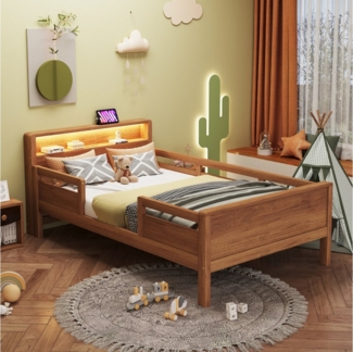 Flieks Kinderbett, Holzbett Einzelbett 90x200 cm mit LED-Licht und Aufladen-Funktion