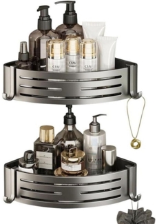 SURFOU Badregal Ecke Duschablage Ohne Bohren 2-Stück Duschregal Badezimmer Organizer, mit 4 Klebeflächen und 4 Haken 2-tlg, Rostfreier Edelstahl, für Bäder Küchen Duschgel (Grau & Schwarz)