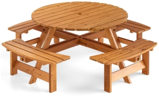 COSTWAY Bierzeltgarnitur, (5-tlg), Gartentisch mit Schirmloch, 4 Gartenbänken, Holz