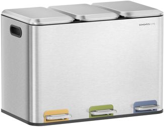 SONGMICS HOME Mülleimer Küche, 3x15 L Fächer, Abfalleimer mit farbcodierbaren Pedalen, Mülltrennsystem, mit Deckeln und Inneneimern, Stahl, metallicsilber LTB740E45V1
