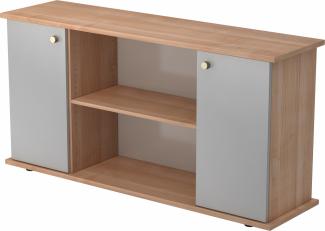 bümö Sideboard Nussbaum/Silber mit Flügeltüren & Regal - Büromöbel Sideboard Holz 166cm breit, 45cm schmal, Büro Schrank für Flur oder als Wohnzimmer-Kommode mit Streifengriff, SB2T-N-S-SG