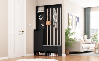 Kommode 100x35x180 cm, Garderobe mit gepolsterter Sitzbank, Stecktafel, 4 Haken, MDF Schwarz