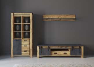 Home affaire Wohnwand York, moderne Anbauwand, Wohnzimmer-Set in Hunton Oak, 201 cm breit, (Komplett-Set, 3-St), enthält Vitrine, Lowboard +Wandboard, Metallgriff, Scheunentorbeschlag