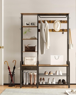 Garderobenständer mit Schuhbank, Garderobe mit Schuhbank, 1 Schublade, Kleiderständer mit 17 Haken, 1 Hängestange, 4-Ebenen-Seitengestell, 120 x 40 x 182 cm, Braun und Schwarz