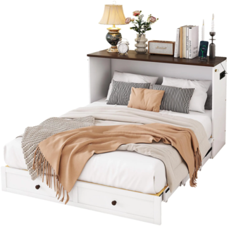 Schrankbett mit Mehrfachsteckdose und Stauraum, 140x200 cm, Wandklappbett, horizontal klappbar, platzsparend, Holz