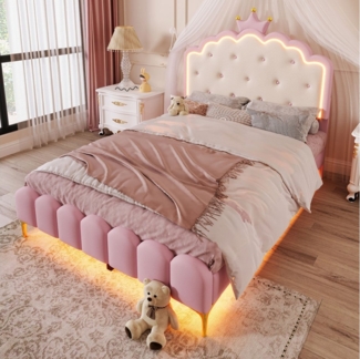 STILVORA Polsterbett mit Lattenrost,Prinzessinnen Polsterbett 140x200 mit matratze (Prinzessinnen Polsterbett,mit Lattenrost, Rosa mit LED Ambiente-Licht, Fernbedienung, Kronprinzen-Design, Metallfüße, 140 x 200 cm), mit Matratze