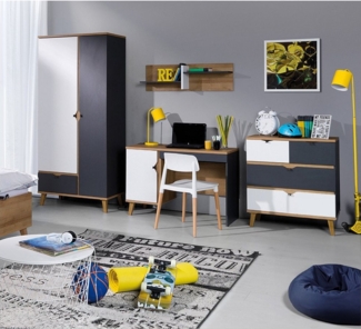 Lomadox Jugendzimmer-Set MARIBOR-132, (Sparset, 4-tlg), Kleiderschrank Schreibtisch Wandboard Kommode Eiche weiß graphit