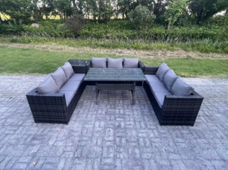 Fimous Outdoor Polyrattan Gartenmöbel Sofa Set Terrassen Rechteckiger Esstisch mit Beistelltisch 9 Sitzer Dunkelgrau gemischt